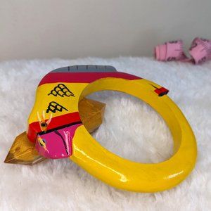 Vintage 80s Hand Painted Wood Parrot Bangle Bracelet